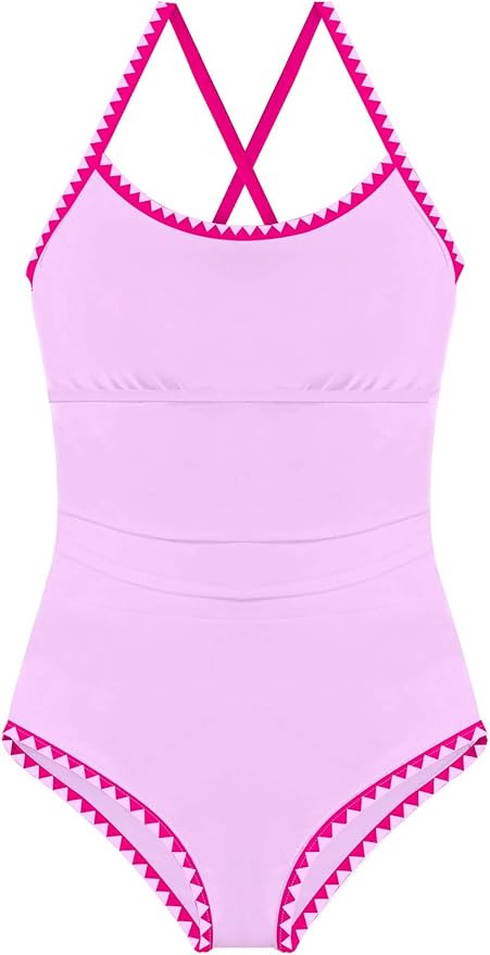 Girls One Piece Swimsuits Halterneck Color Block Contrast Trim Bathing Suit Back Cross Lace Up Sw... | Amazon (US)