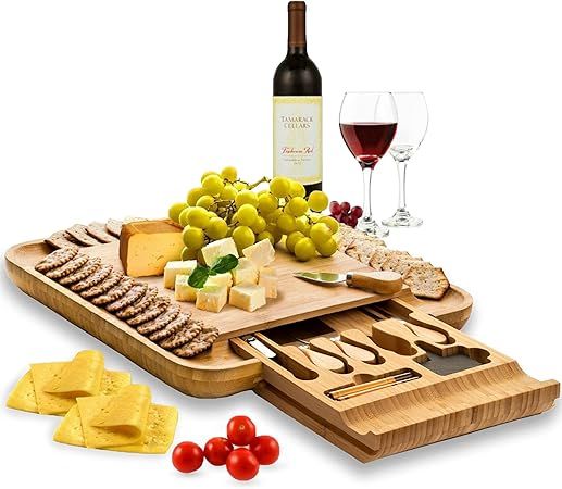 Premium Bamboo Cheese Board Set - Wooden Charcuterie Board Serving Platter with Knife Set, Hidden... | Amazon (US)