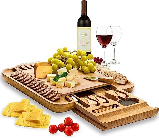 Premium Bamboo Cheese Board Set - Wooden Charcuterie Board Serving Platter with Knife Set, Hidden... | Amazon (US)