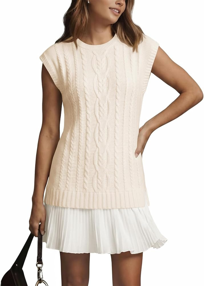 Fisoew Womens Summer Cable Knit Sweater Dress Sleeveless Crewneck Pullover Vest Lightweight Pleat... | Amazon (US)