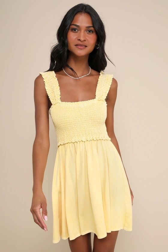Washed Light Yellow Smocked Mini Dress | Yellow Mini Dress | Pale Yellow Dress | Lulus