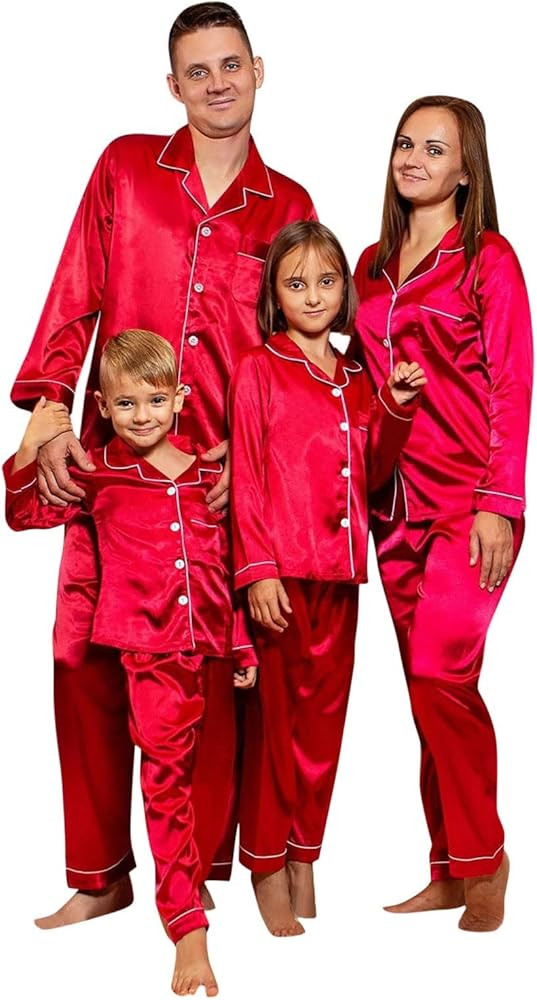 Satin Christmas Pajamas for Family Solid Silk Sleepwear Matching Xmas Pjs for Couples Nightwear L... | Amazon (US)