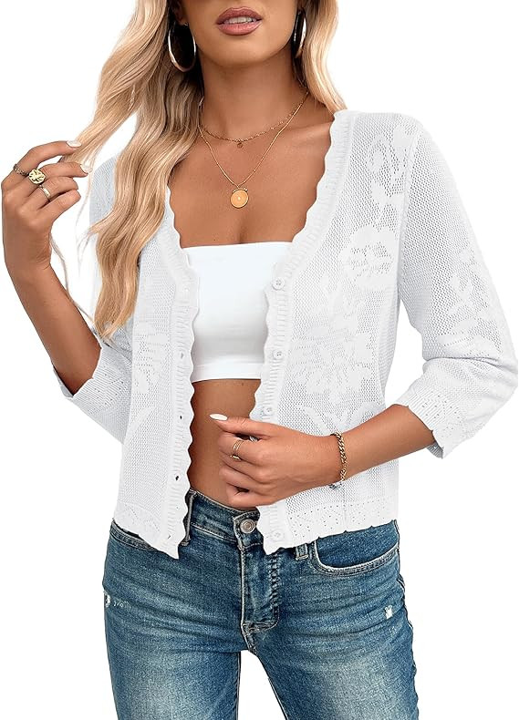 Kate Kasin Women's Cropped Cardigan Sweaters Trendy Lightweight 3/4 Sleeve Button Down Crochet Te... | Amazon (US)
