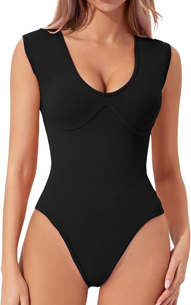QINSEN Womens Plunge U Neck Cap Sleeve Bodysuit Soft Body Suit Tops Double Lined Shirts | Amazon (US)