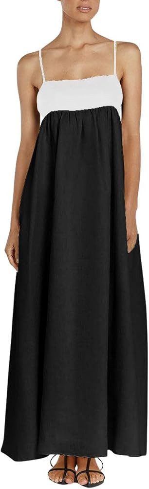 chouyatou Women's Summer Color Block Spaghetti Strap Maxi Linen Dress Long Casual Flowy Beach Sun... | Amazon (US)