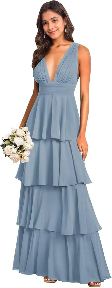 Bridesmaid Dresses for Women V Neck Tiered A Line Flowy Chiffon Long Prom Dress Formal Gown | Amazon (US)