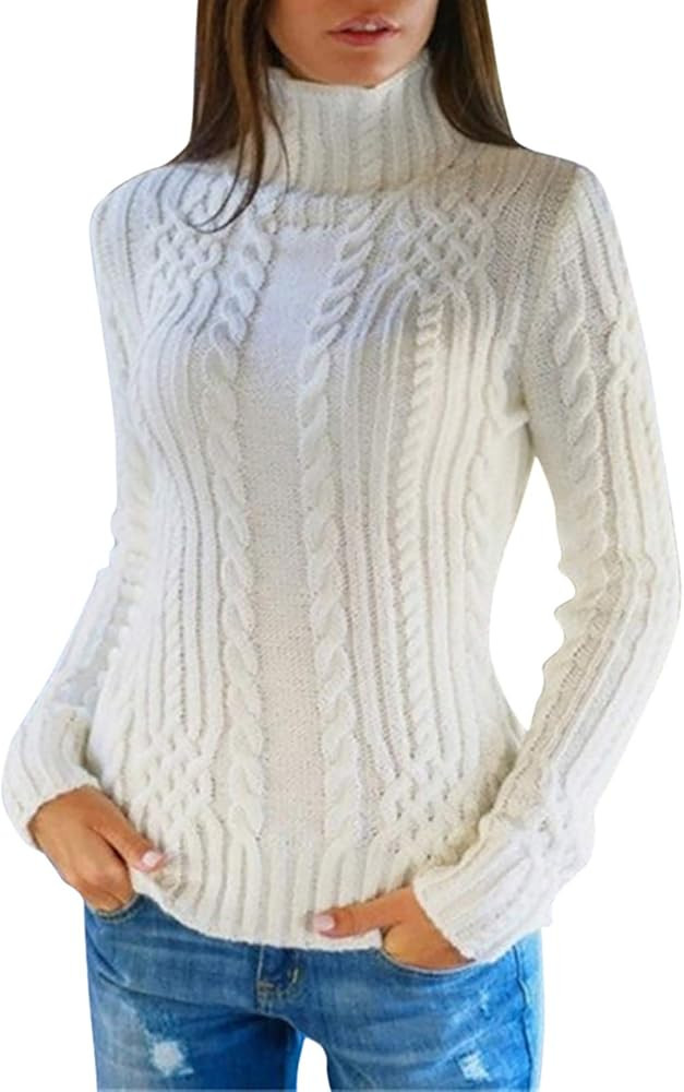 Pink Queen Women's Cable Knit Turtleneck Casual Pullover Sweater | Amazon (US)