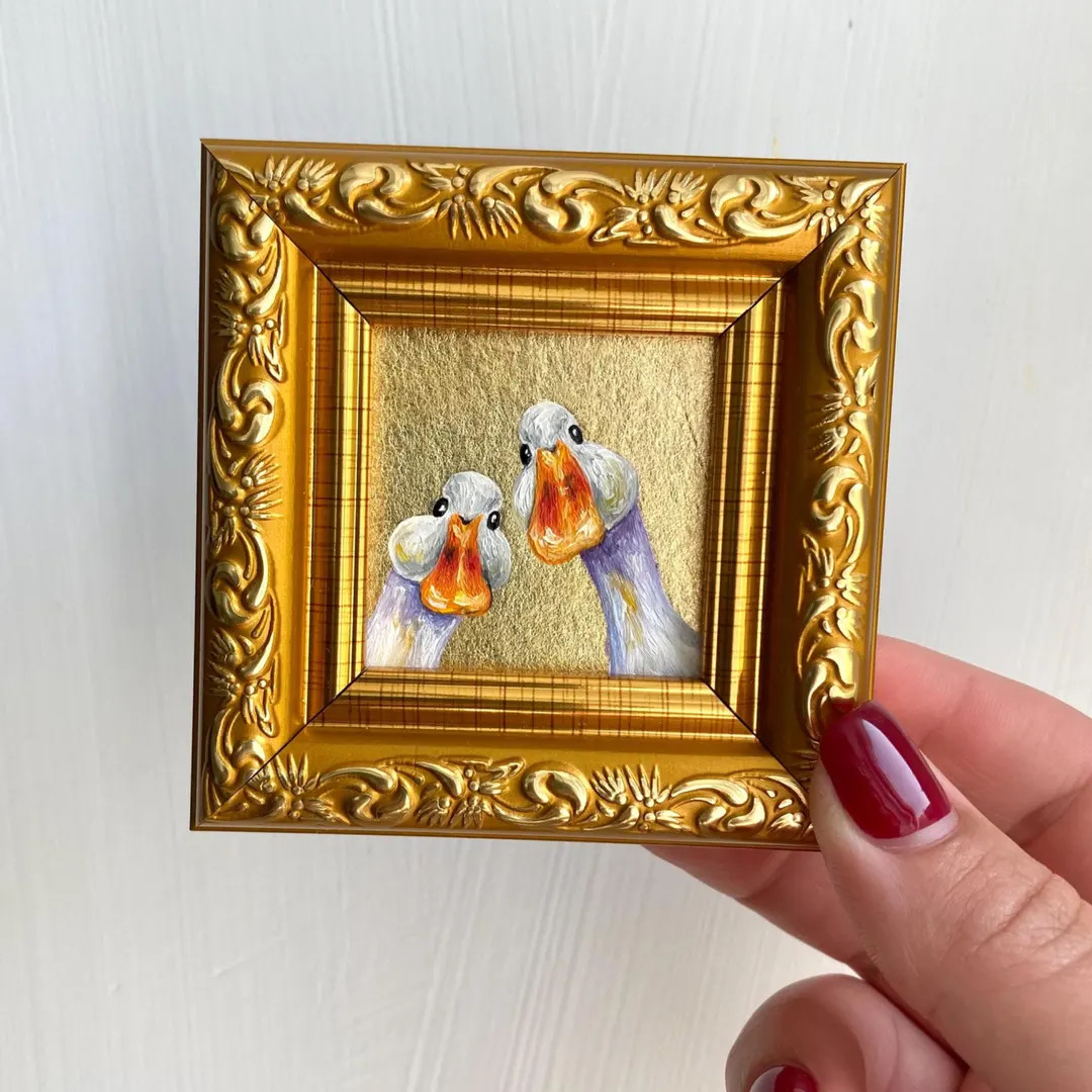 White Goose Oil Painting in a Frame 2x2”, Small Kitchen Art, Miniature Painting With Gold Leaf,... | Etsy (US)