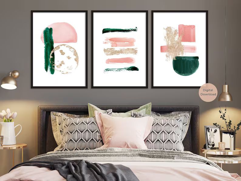 Emerald Green, Blush Pink and Gold Abstract Prints, Set of 3, Green Pink Minimalist Art Print, Pr... | Etsy (US)
