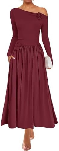 ZESICA Women's 2025 Fall Long Sleeve Off Shoulder Maxi Dress Pleated Elegant Formal Wedding Guest... | Amazon (US)