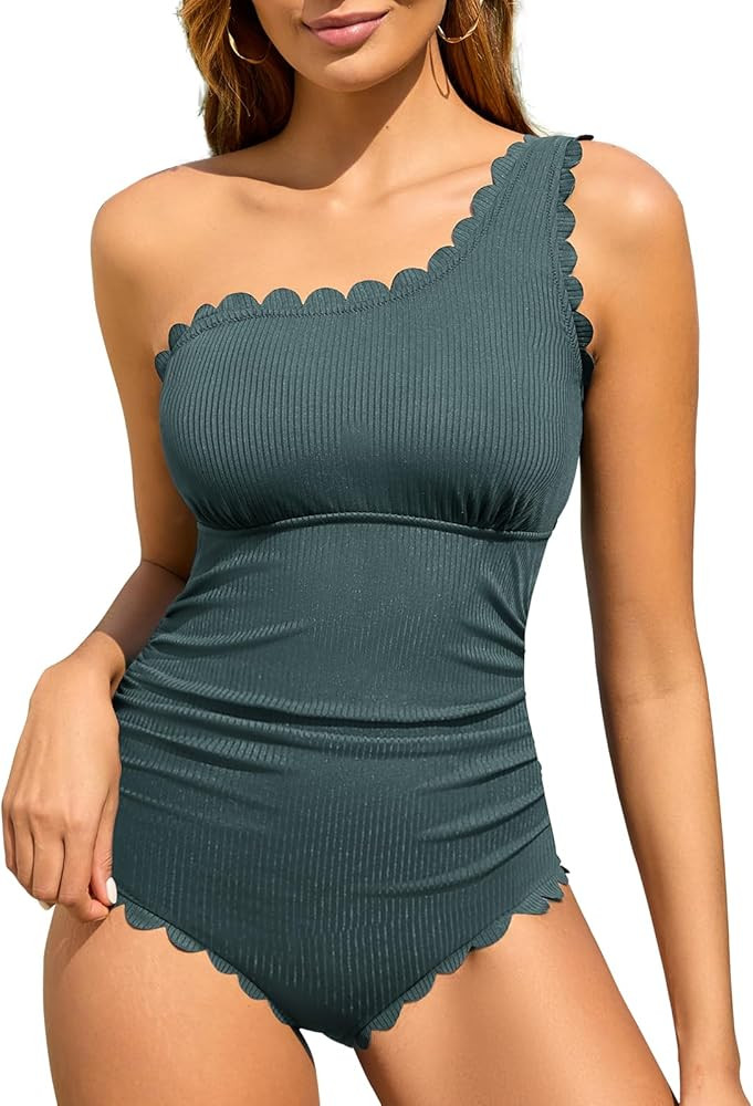 Summer Mae One Shoulder Women's One Piece Swimsuit Ribbed Scalloped Swim Suits Slimming Full Cove... | Amazon (US)
