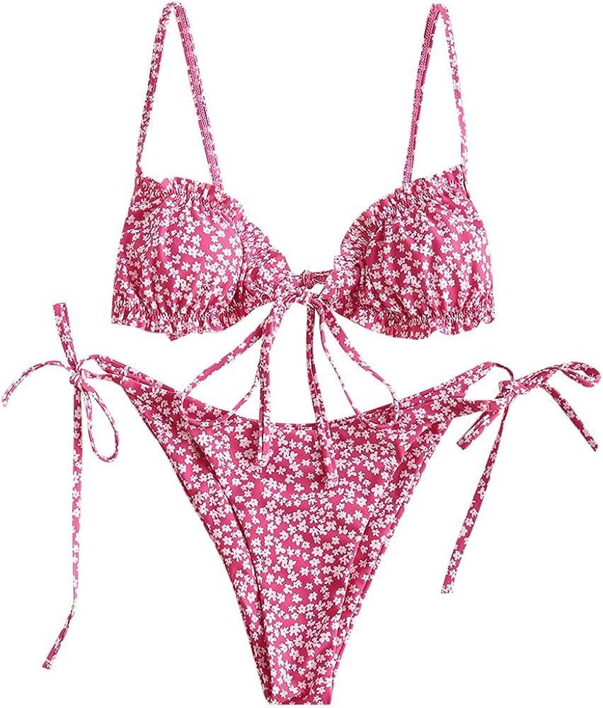 FEAPHY Women's String Bikini Frill Trim Tie Side Triangle Swimwear Two Piece Swimsuit | Amazon (US)