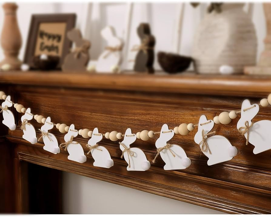 Easter Decorations Garlands, Cute Bunny Easter Garland with Wooden Beads, Rustic Banner for Mante... | Amazon (US)