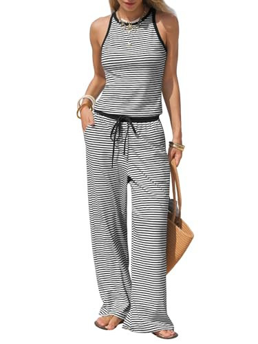 EXLURA Womens Cotton Summer 2 Piece Outfits Striped Halter Tops Matching Wide Leg Pant Sets Lounge Tracksuits Vacation Travel | Amazon (US)