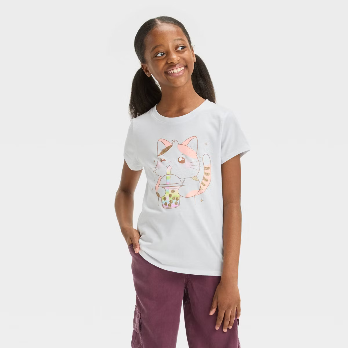 Girls' Short Sleeve Boba Tea Cat Graphic T-Shirt - Cat & Jack™ White M | Target