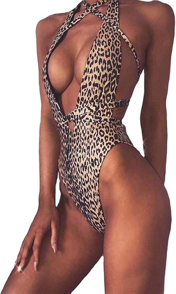 Women Cheetah Leopard Printed One Piece Bathing Suit Deep V Neck High Cut Swim Wear Suit | Amazon (US)