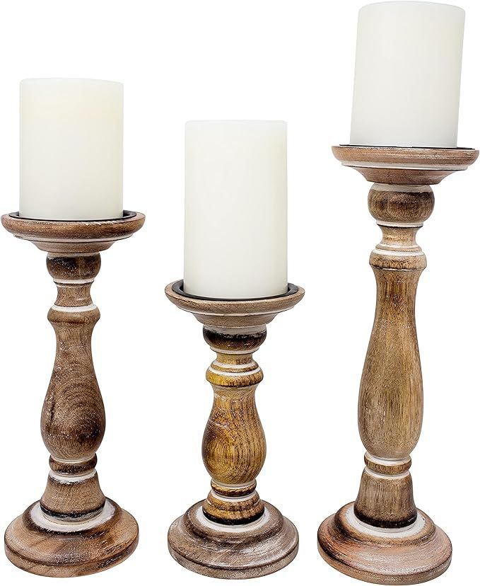 Boston Warehouse Natural Wood Pillar Candle Holder, 3 Piece Set, Smooth Whitewash | Amazon (US)