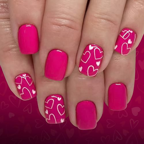 Valentines Heart Press On Nails Square Short Fake Nails Acrylic Nails Press Ons Valentines Day False Nails With Heart Designs Rose Pink Full Cover Glue On Nail Glossy Stick On Nail For Women | Amazon (US)