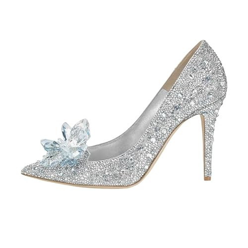 sexytag Women's Crystal Rhinestone Poined Toe Pumps Cinderella Clear Stiletto High Heels Slip On Wedding Shoes Silver Size 8.5 | Amazon (US)