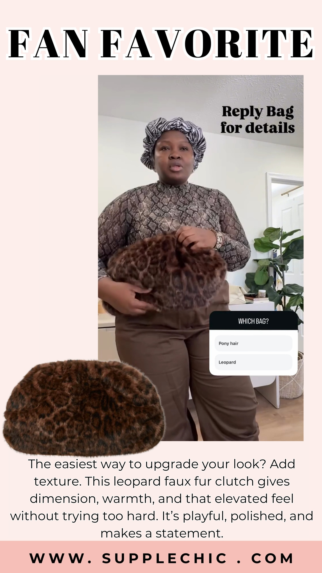 The easiest way to upgrade your look? Add texture. This leopard faux fur clutch gives dimension, warmth, and that elevated feel without trying too hard. It’s playful, polished, and makes a statement. #AnimalPrintChic #LeopardBag #FauxFurStyle #AccessoryUpgrade #StatementClutch #NakedWardrobe #FashionMustHave #DateNightStyle #ElevatedLook #LTKAccessories
 

 #LTKootd #LTKSeasonal #LTKMidsize