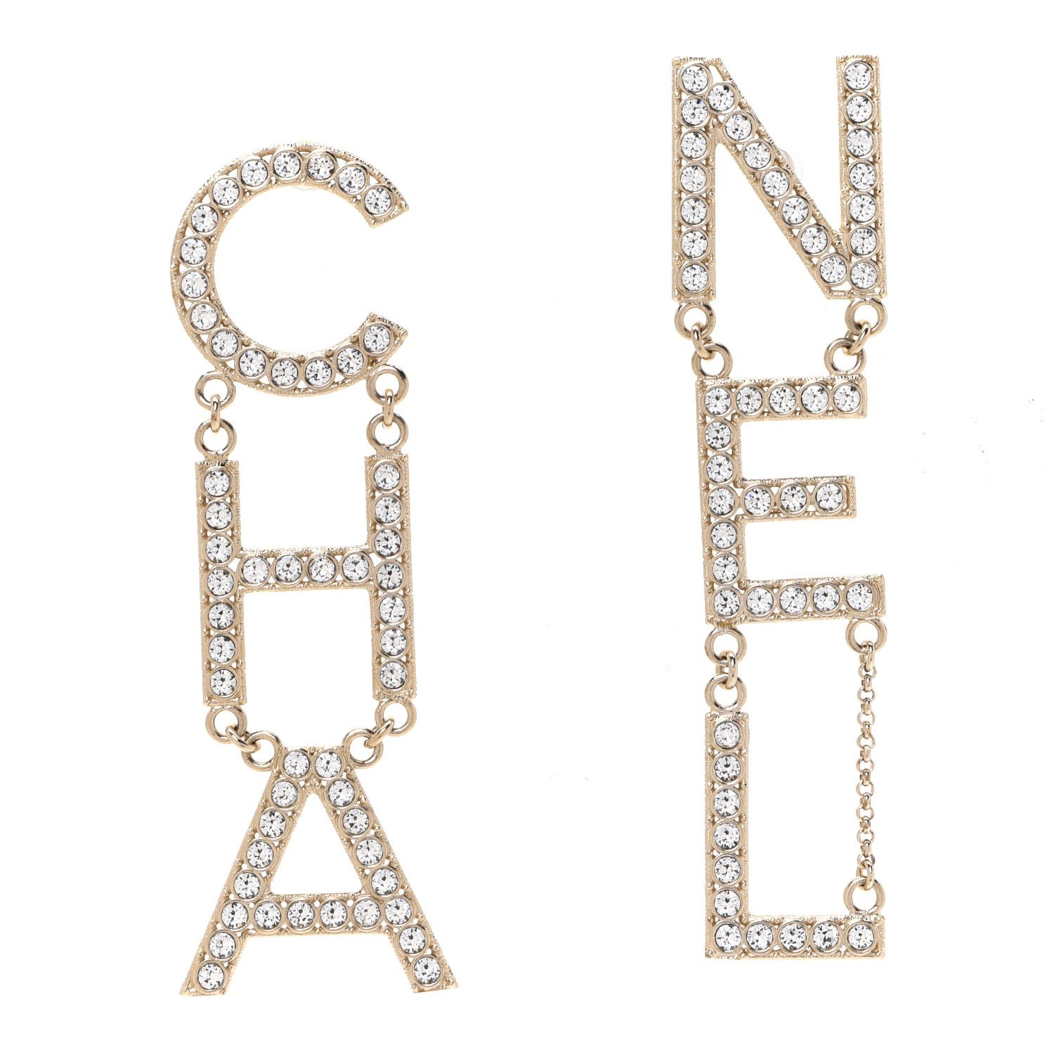 CHANEL Crystal Cha-Nel Logo Drop Earrings Gold | FASHIONPHILE | FASHIONPHILE (US)