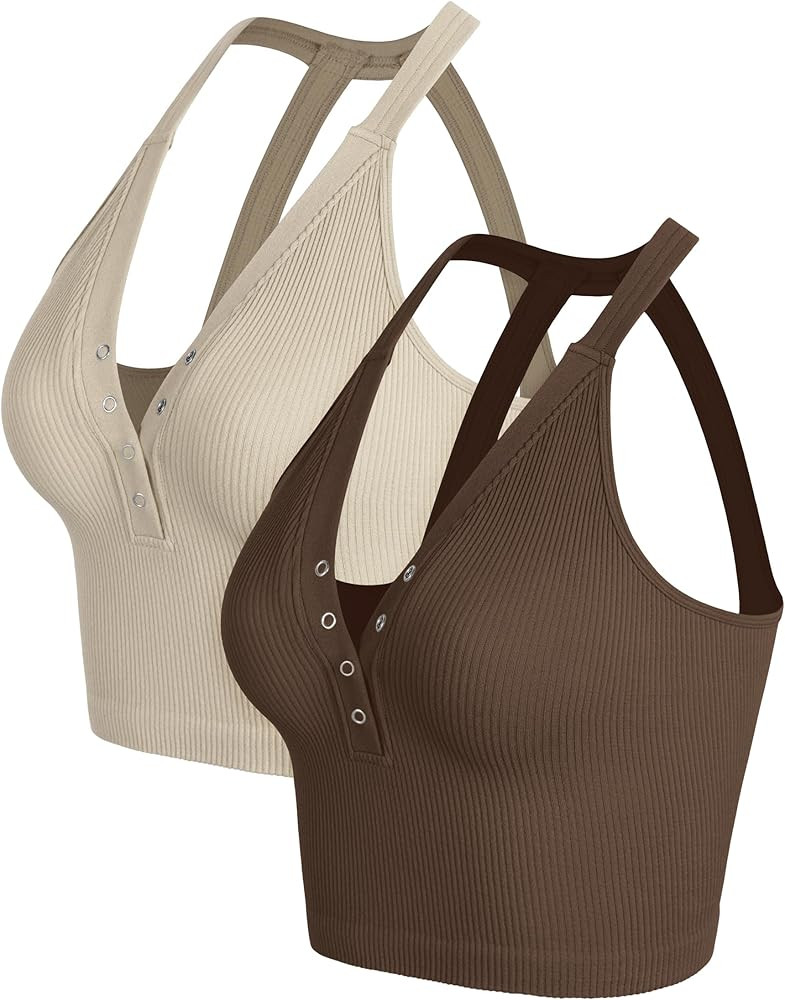 ODODOS 2-Pack Seamless Henley Crop for Women Open Back Ribbed Tank Button-up Cropped Top | Amazon (US)