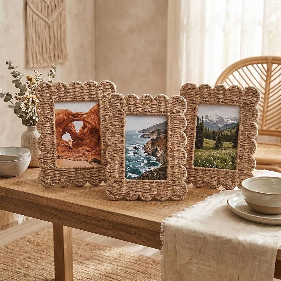 AceOrbit 3 Pcs Rattan Picture Frame 5x7 Boho Scalloped Natural Coastal Handmade Wicker Photo Fram... | Amazon (US)