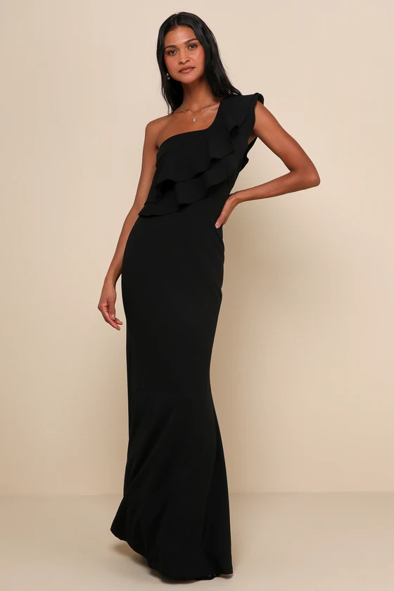 Grand Beauty Black Ruffled One-Shoulder Mermaid Maxi Dress | Lulus