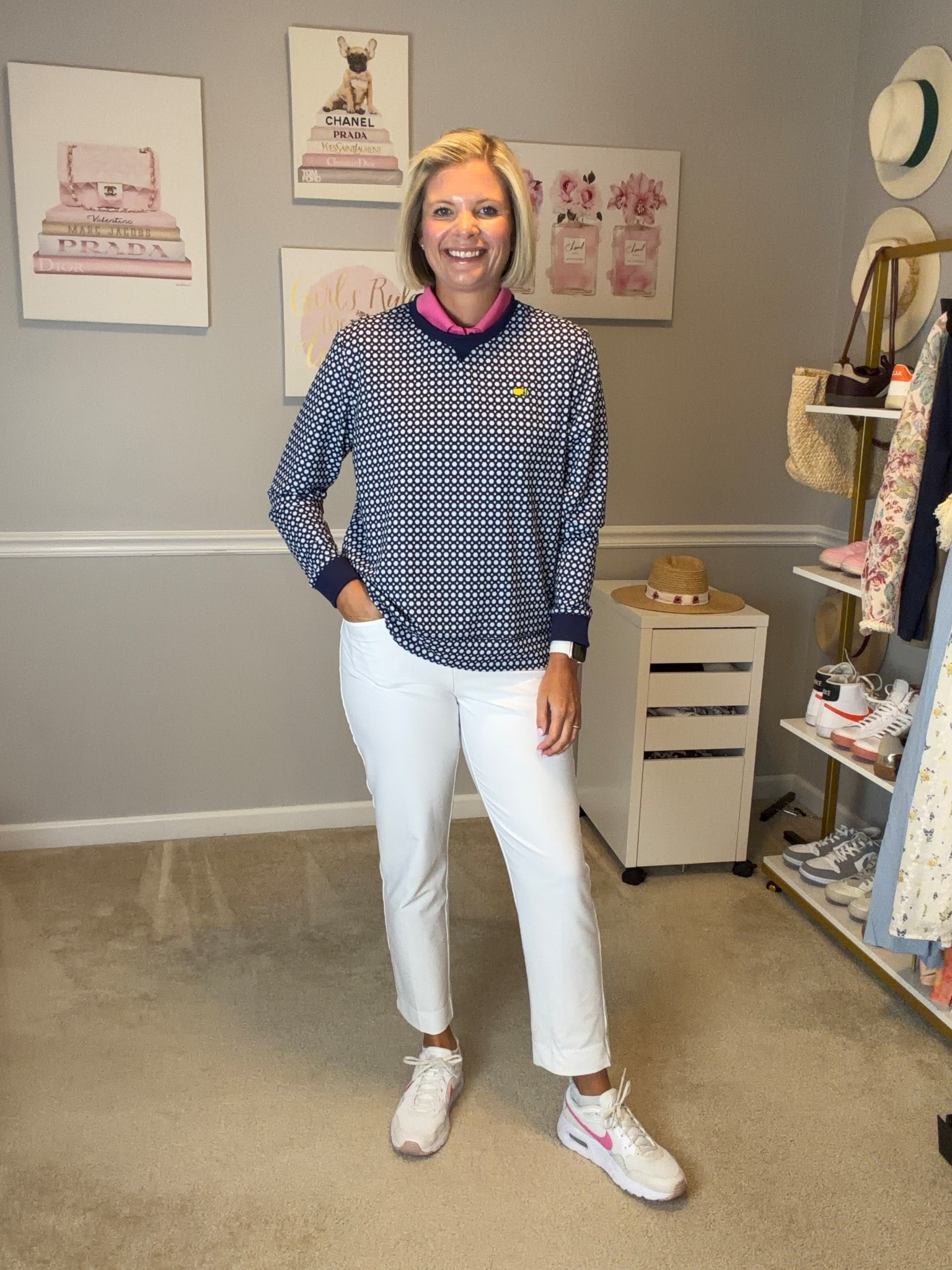 White cropped straight leg pants with elastic waist TTS
Pink and white Nike air max shoes TTS

#LTKOver40 #LTKMidsize #LTKActive