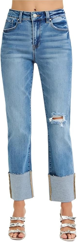 SALT TREE Risen Jeans - High Rise Wide Cuffed Straight Jeans - RDP5484 | Amazon (US)