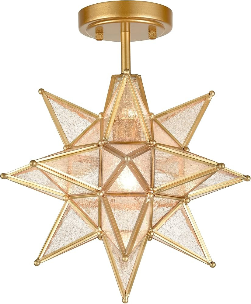 HYDELITE Brushed Gold Moravian Star Ceiling Light with Seeded Glass Semi Flush Mount Ceiling Ligh... | Amazon (US)