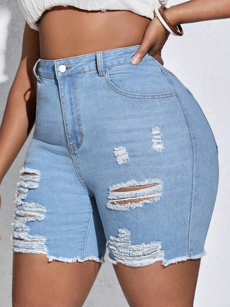 Flexra Plus Size High Waist Ripped Raw Hem Denim Shorts Autumn Outfits For Women Festival Outfits Casual Biker Shorts | SHEIN