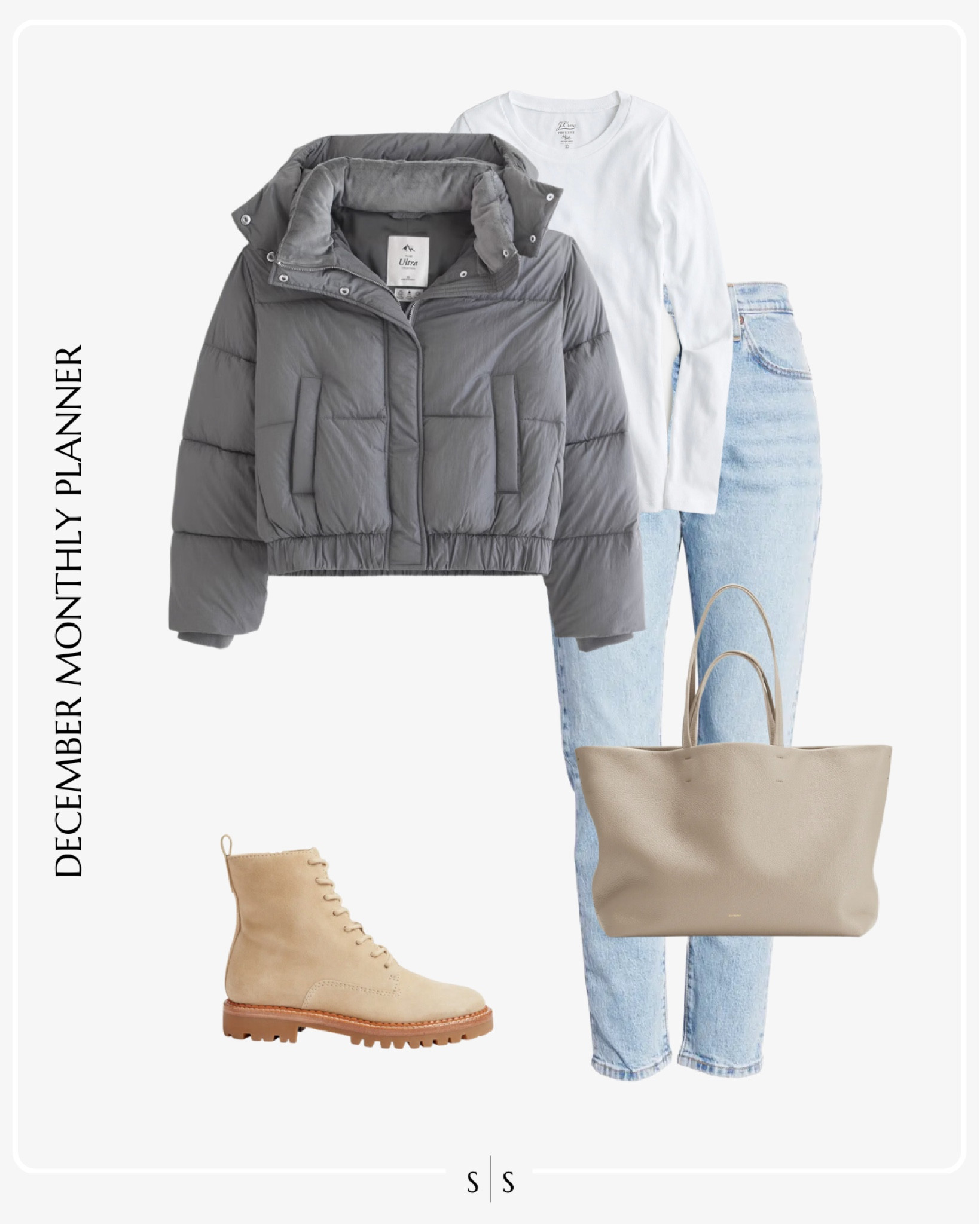 Monthly outfit planner: DECEMBER: Winter looks | puffer coat, white basic long sleeve tee, Levi’s skinny Jean, lace up combat lug boot

See the entire calendar on thesarahstories.com ✨ 