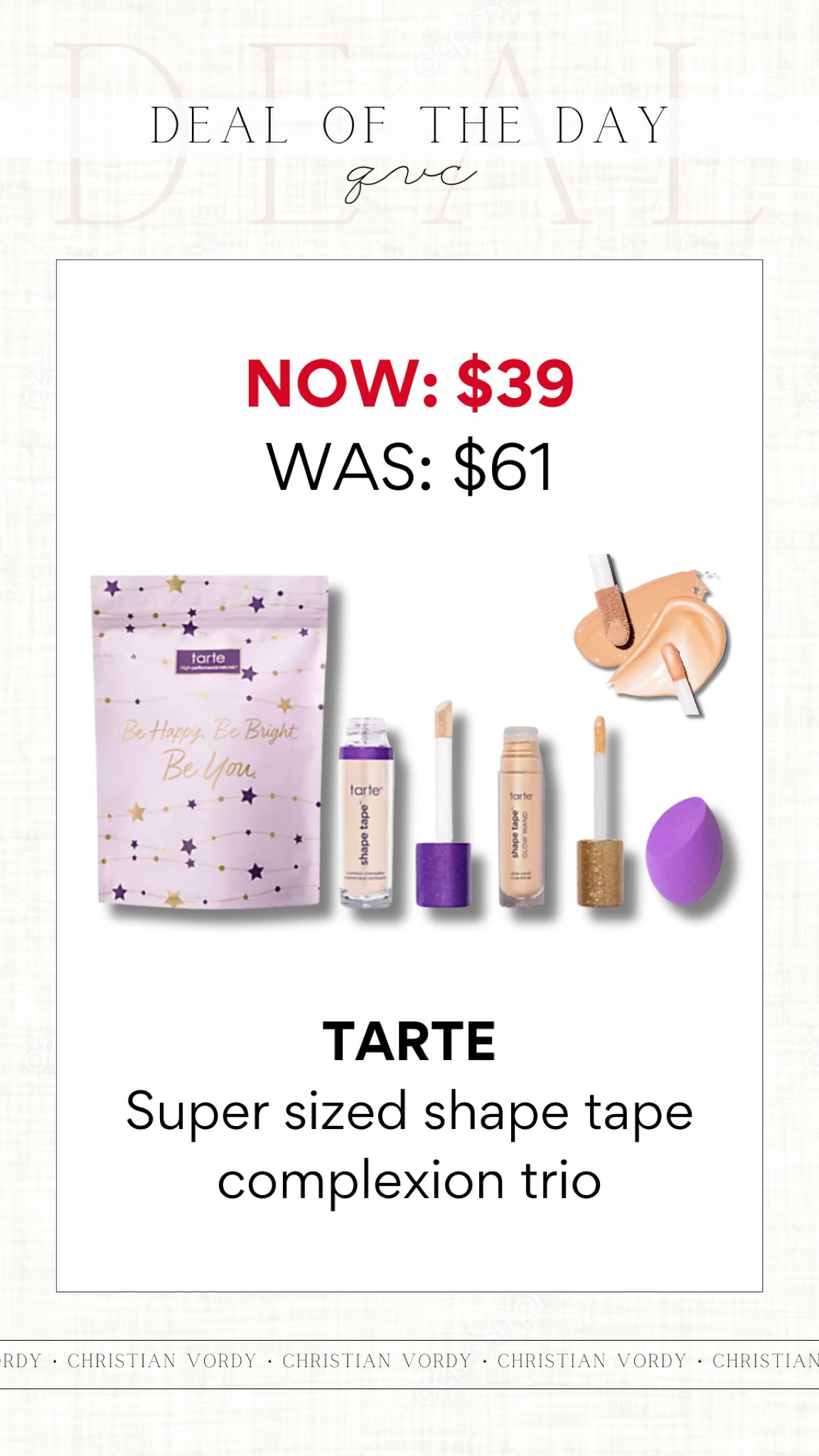 Deal of the day, QVC, tarte, shape tape, complexion trip 

#christianblairvordy 

#dealoftheday #deal #qvc #beauty #tarte #shapetape #concealer 

#LTKbeauty #LTKsalealert #LTKfindsunder50
