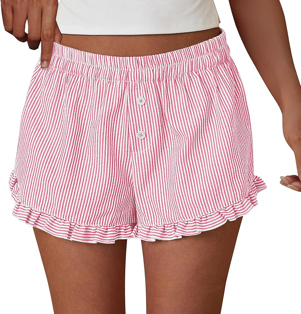 PRETTYGARDEN Womens Boxer Shorts Y2K Ruffle Pajama 2026 Summer Spring Lounge Sleep Striped Casual... | Amazon (US)