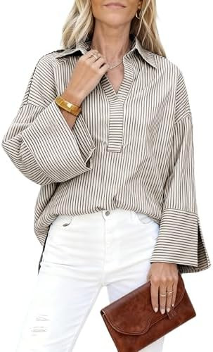 Watashi Women Button Down Shirt Casual Striped Print Dressy Henley Shirts Loose Long Sleeve Colla... | Amazon (US)