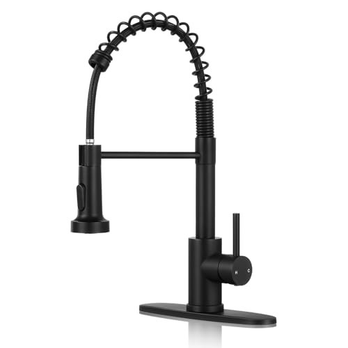 KHQF Kitchen Faucet with Pull Down Sprayer,Commercial Single Handle Stainless Steel Kitchen Faucets with Deck Plate (Matte Black) | Amazon (US)