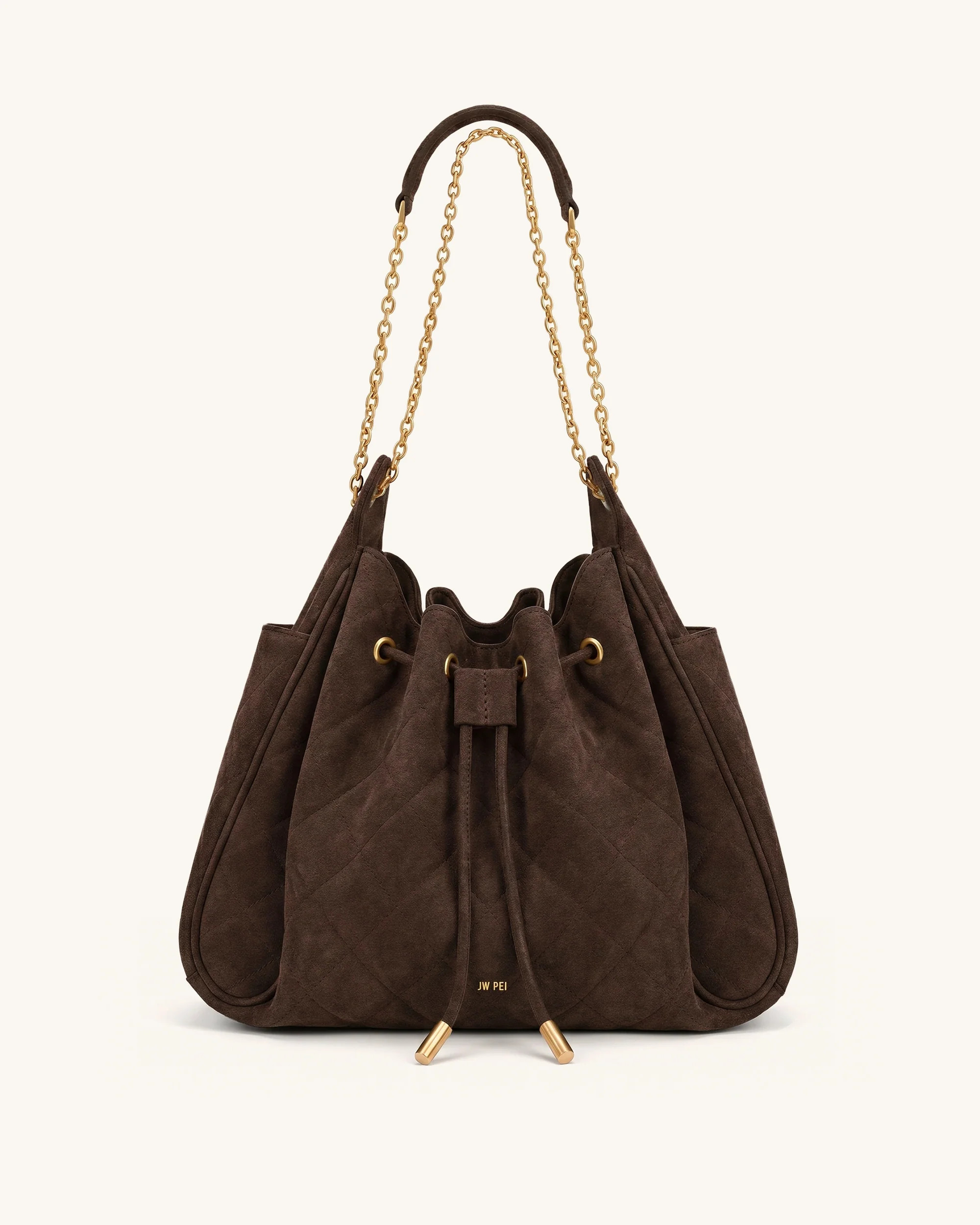 Rowan Faux Suede Quilted Chain Bucket Bag - Dark Brown | JW PEI US