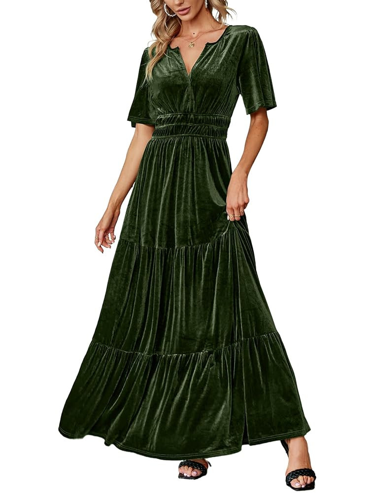 Amegoya Women's Velvet Short Sleeve V Neck Formal Wedding Guest Maxi Dresses Fall Evening Party L... | Amazon (US)