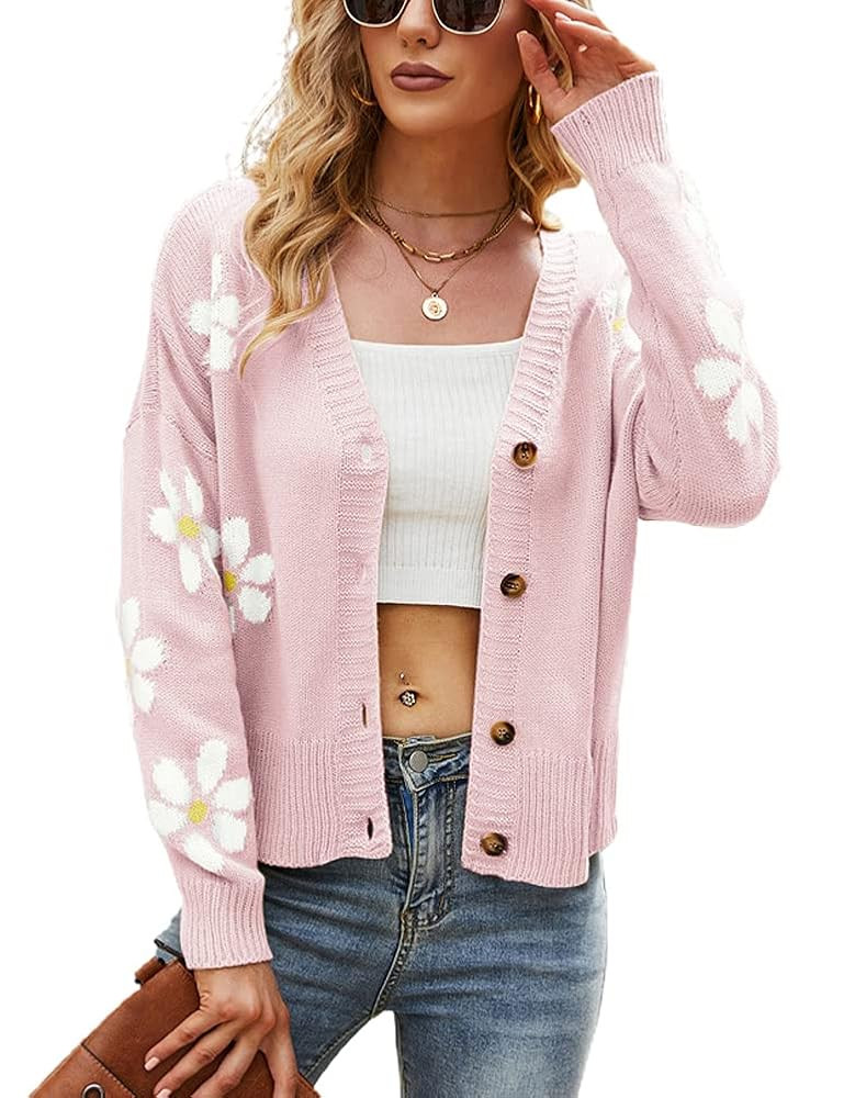chouyatou Women's Fall Cute Daisy Button Jacquard Knit Cardigan Sweater Jacket | Amazon (US)