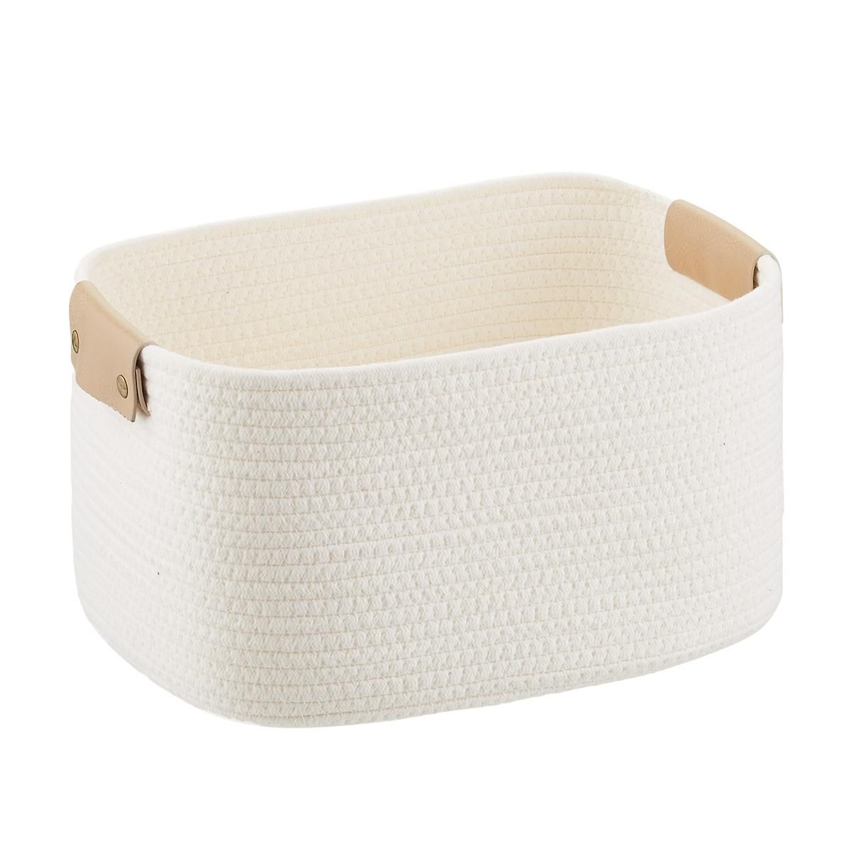 Cotton Rope Bin w/ Snap Handle White/Light Brown | The Container Store