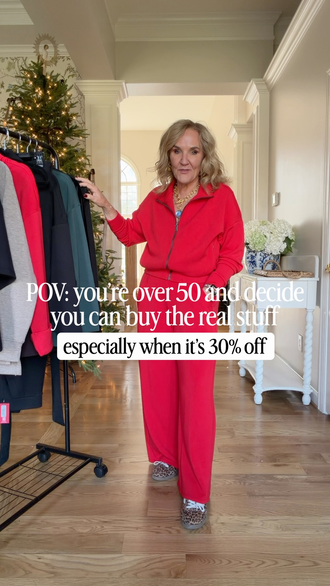 @spanx 30% off. Treat yourself and get the real stuff. 
Bottoms I wear a medium petite. The shimmer pants Id size up if you’re inbetween. 
Tops I’m in a medium. The brushed air essentials runs plenty roomie. The 1/2 zip I do like to size up to a large so it hangs down a bit. You decide  

#LTKselfcare #LTKOver40 #LTKCyberWeek