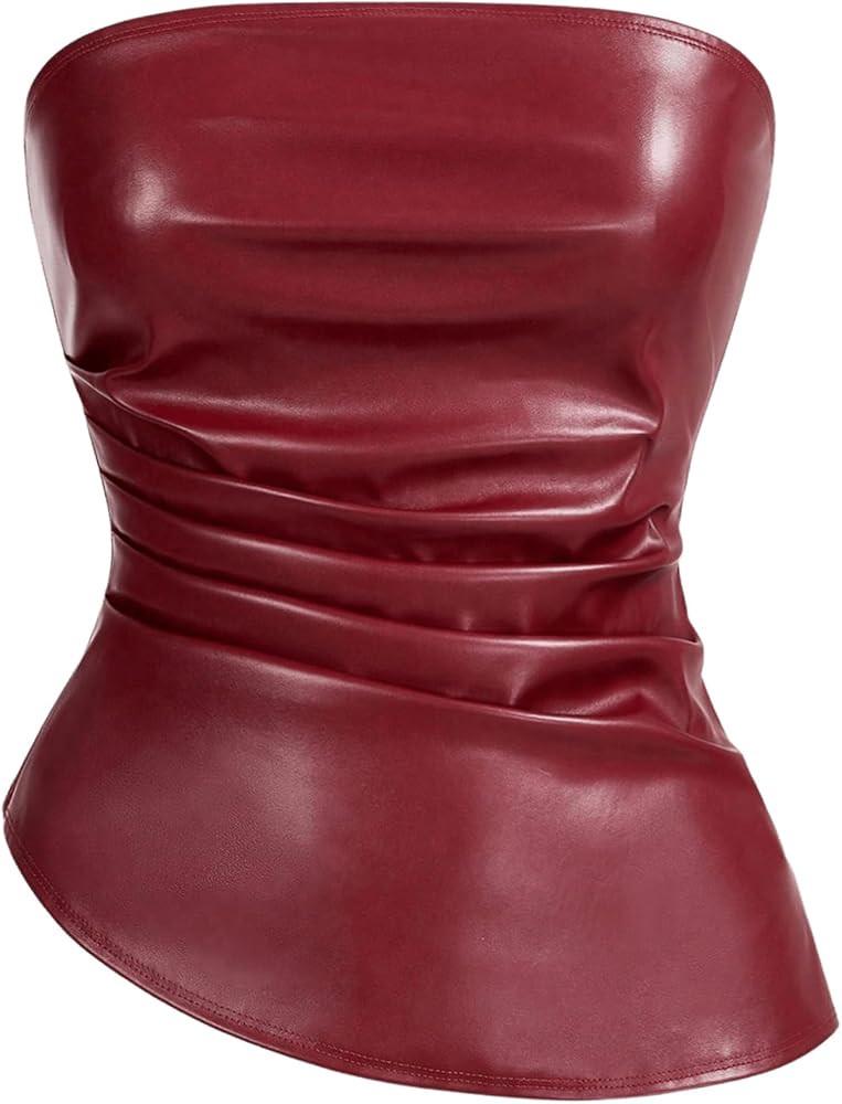 SOLY HUX Women's PU Leather Tube Top Strapless Ruched Asymmetrical Bandeau Tops Rave Concert Outf... | Amazon (US)