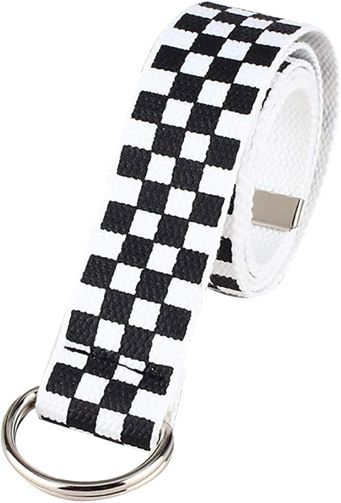 Aibearty Canvas Web Double D Ring Plaid Belt Silver Buckle Long Waistband for Women Men Teens | Amazon (US)