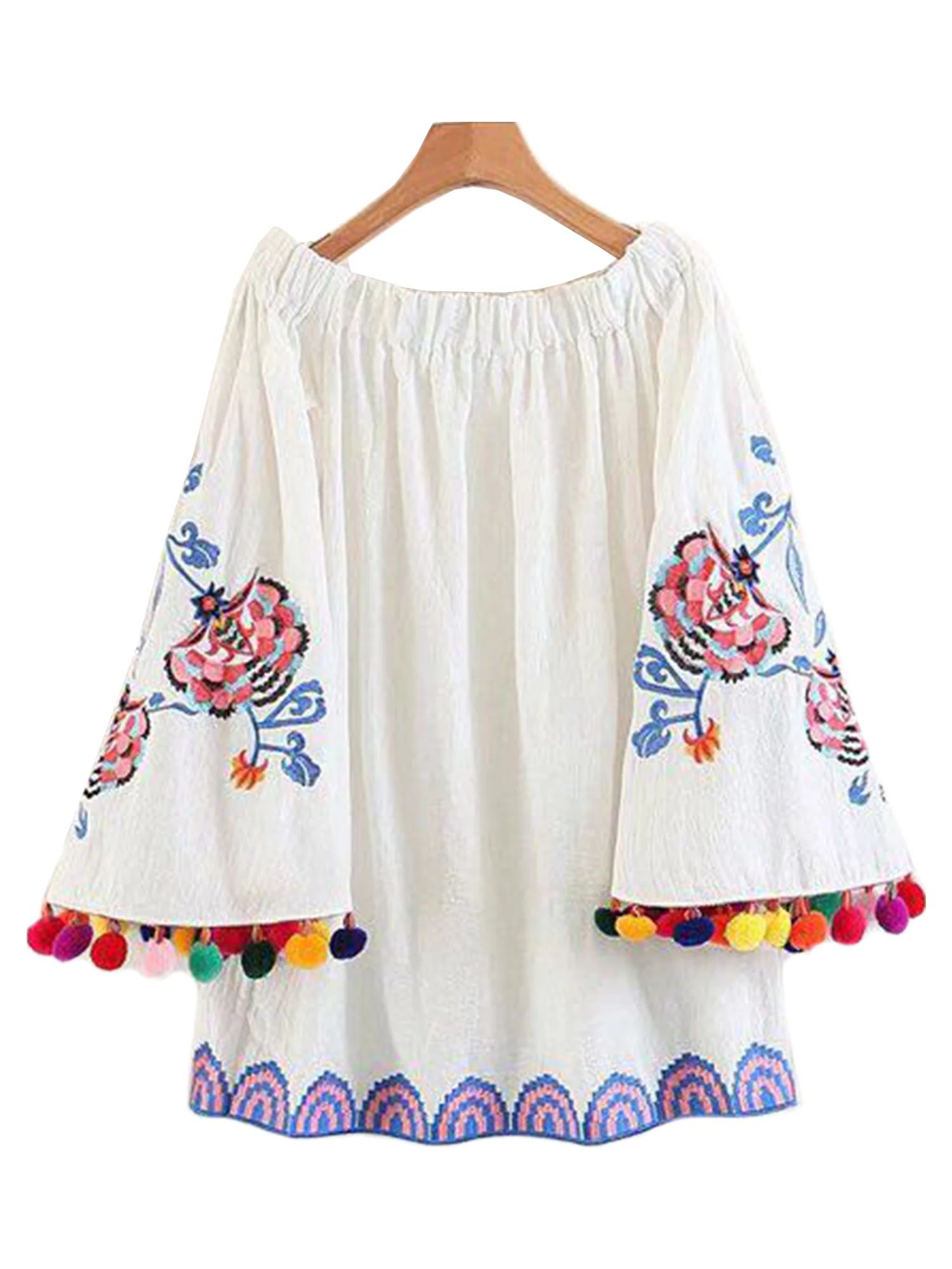 'Serenity' Off Shoulder Pom Pom Embroidered Tunic | Goodnight Macaroon