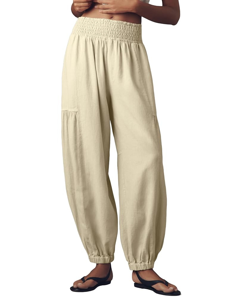 UANEO Womens Baggy Pants Pull On Cotton Linen Smocked Elastic Waist Tapered Relaxed Harem Trouser... | Amazon (US)