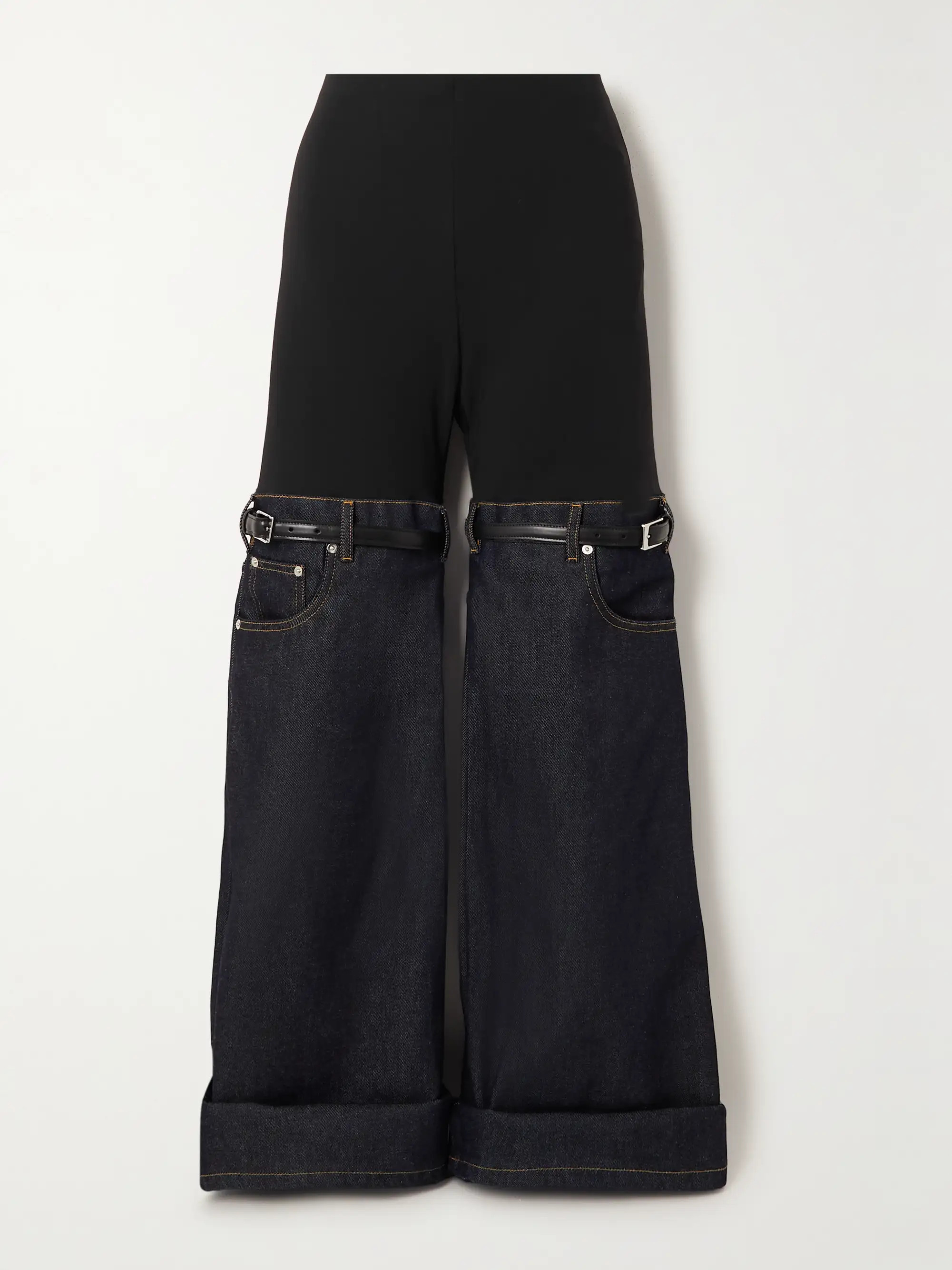 Hybrid buckle-embellished paneled stretch-jersey and denim flared pants | NET-A-PORTER (US)
