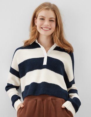 AE Striped Ballon-Sleeve Polo Sweater | American Eagle Outfitters (US & CA)