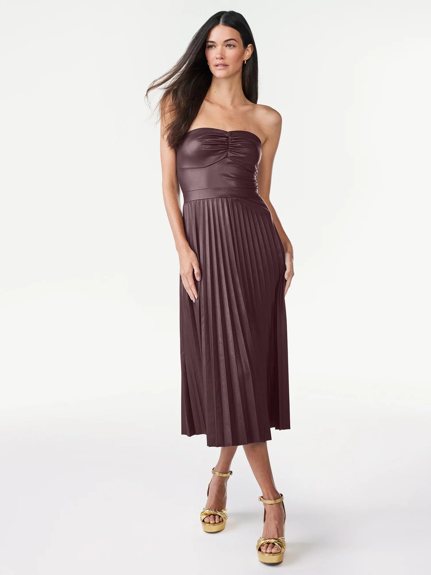 Scoop Women's Strapless Faux Leather Pleated Midi Dress, Sizes XS-XXL | Walmart (US)