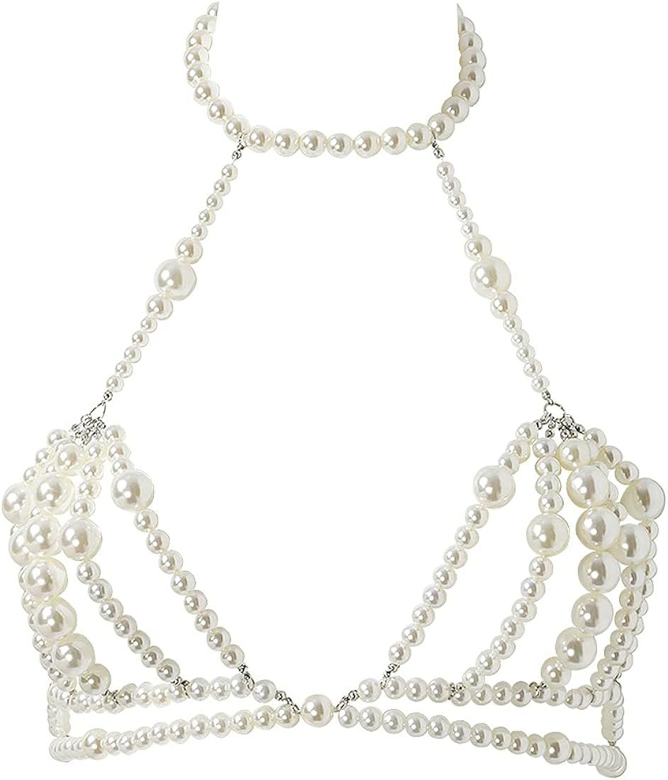 Ingemark Pearl Chest Body Chain Jewelry for Women Teen Girls Fashion Handmade Pearl Tassel Bra | Amazon (US)